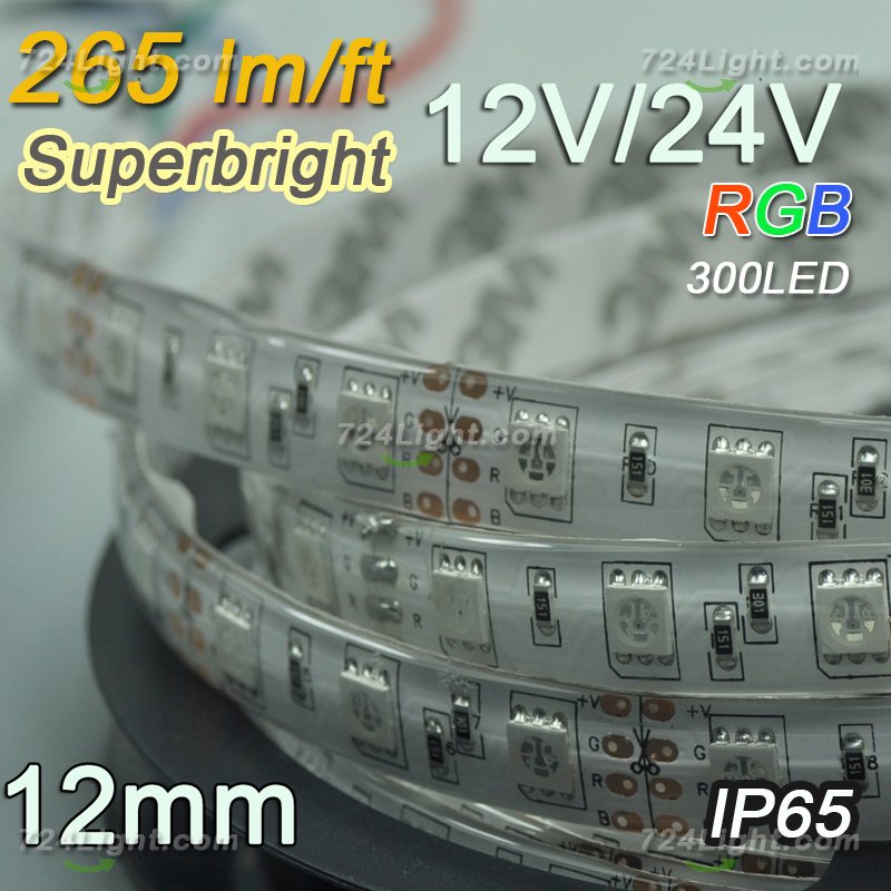 Brightest 12mm Waterproof 12V Optional 24V RGB LED Flexible Light Strip SMD5050 Multicolor Strip Light 12V 5 meter(16.4ft) 300LEDs