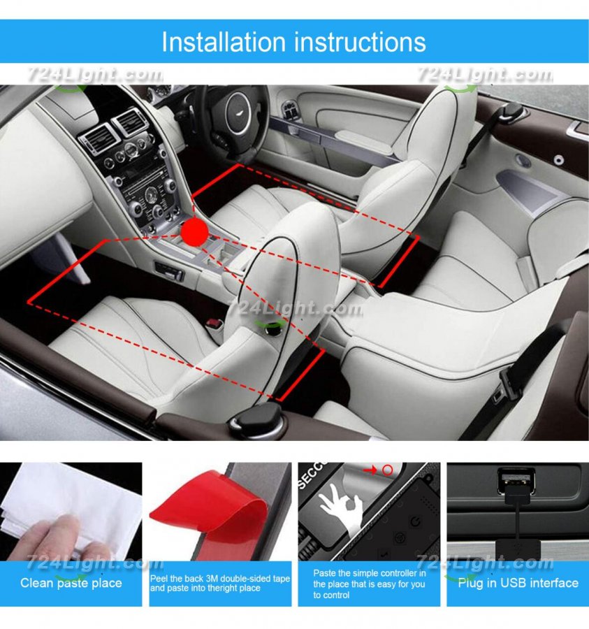 Car Interior Lights 4pcs 48 LED Car Atmosphere Glow Neon lights Multi-Color Music Car LED Strip Lights Decorative Underdash Lighting Kit with Bluetooth APP Controlled Sound Active function Wireless Remote Control