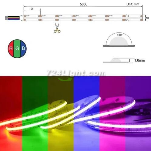 Multi-colors FCOB LED Strip 16.4FT/5M Dot Free 840LEDs/M 14W/M 24V RGB LED Light Tape