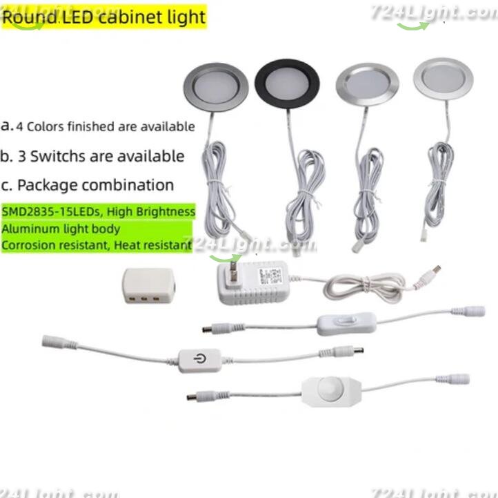 4pcs Pack LED Under Cabinet Lighting 2.5W 12VDC Ultra Thin, 3 Switches are Available Controllable Puck Light for Motorhome, Caravan, Truck, Kitchen, Wine Cabinet, Wardrobe
