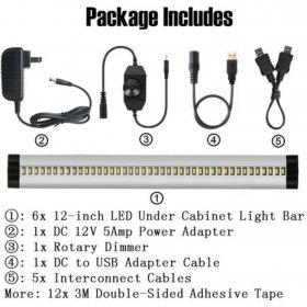 6 Pack 7mm Thick Silver Finish LED Under Cabinet Lighting Kit Dimmable 1800LM CRI90 SMD2835 12V 30W with Dimmer & Power SUpply Included