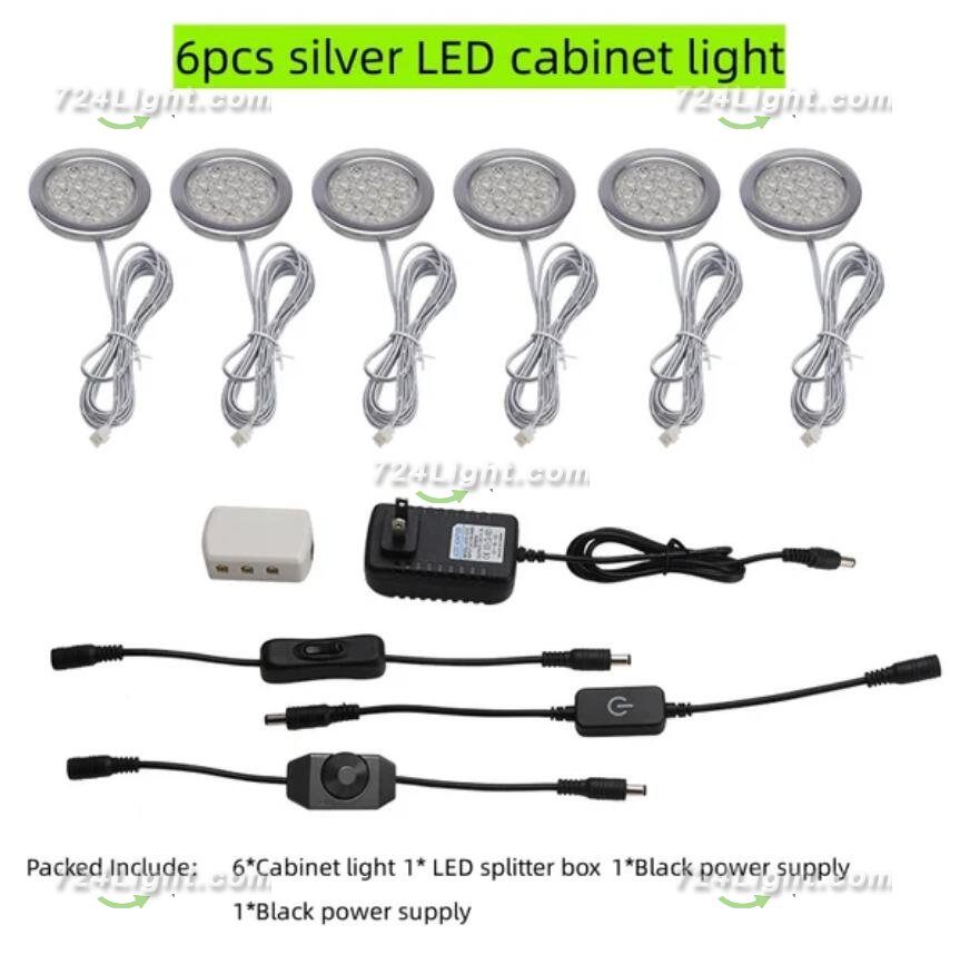6pcs Packing Rounded LED Stainless Steel Under Cabinet Lighting 2W 12VDC 3 Switches are Available Controllable Puck Light for Motorhome, Caravan, Truck, Kitchen, Wine Cabinet, Wardrobe