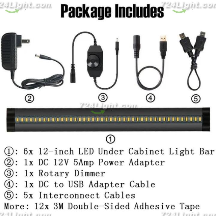 6 Pack 7mm Thick Black Finish LED Under Cabinet Lighting Kit Dimmable 1800LM CRI90 SMD2835 12V 30W with Dimmer & Power SUpply Included