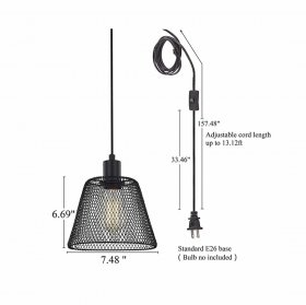 Black cage metal plug pendant light, industrial with on/off switch, for living room, bedroom and farmhouse