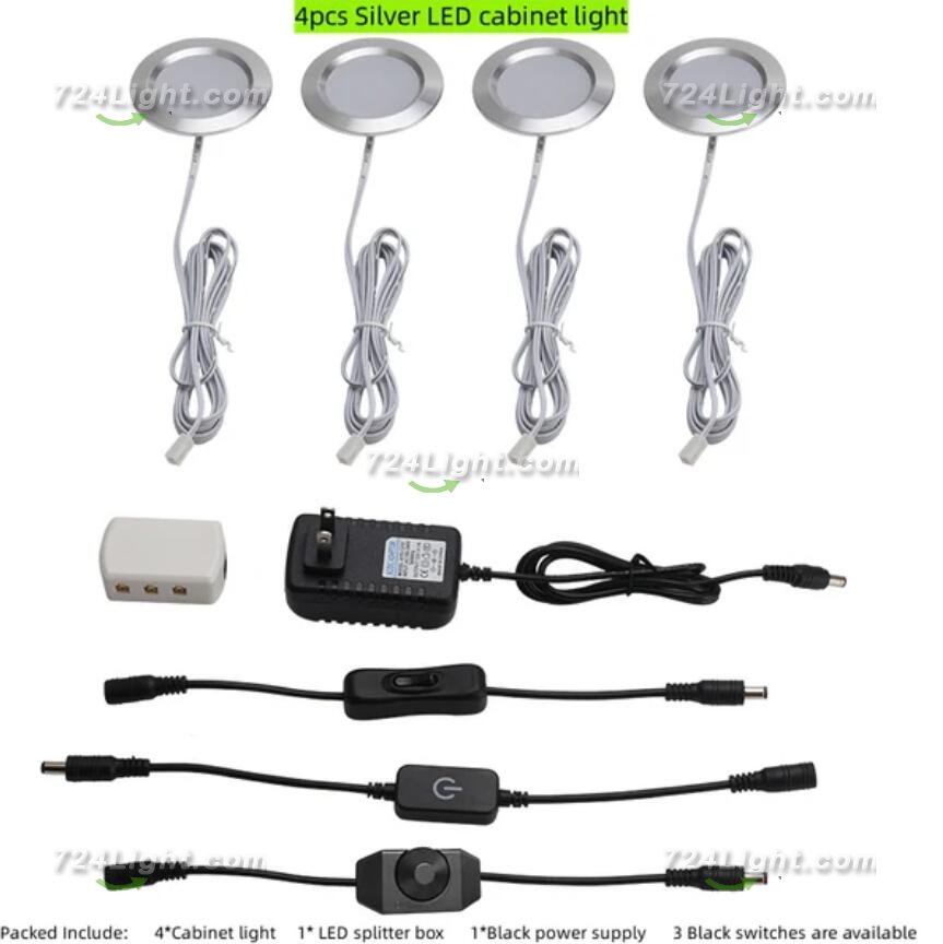 4pcs Pack LED Under Cabinet Lighting 2.5W 12VDC Ultra Thin, 3 Switches are Available Controllable Puck Light for Motorhome, Caravan, Truck, Kitchen, Wine Cabinet, Wardrobe