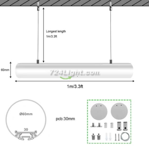 5 Pack D60 60mm Dia. Round Extruded Aluminum Channel for Pendant Linear Office Lighting System