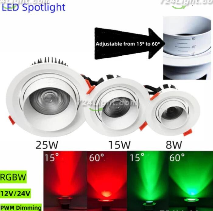 4 Pack RGBW Super Bright Modern Recessed LED Downlights Adjustable 15°-60°Beam Angle, Ambient Lighting 25W 12V/24V White Round LED Embedded Aluminum Indoor Ceiling Downlight for Hotel，Bar，Dancing Room，Restaurant