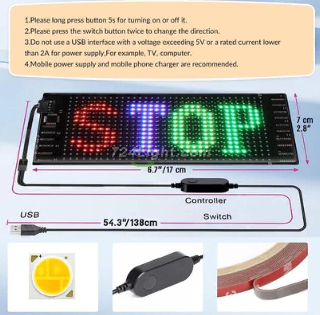 Model 1632 Flexible USB 5V Car LED Sign Bluetooth App Control Display Screen Text Pattern Animation LED sign display for Car Windows, Shop, Bar and Entrance Sign