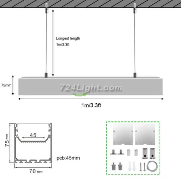 5 Pack H7075 Big Aluminum Extrusion Channel for Suspension Mounting Linear Office Lighting System