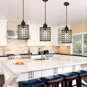 3 Pack Black Adjustable Crystal Chandeliers with 3 Color LED Bulbs, Hanging Ceiling Pendants,3 Lighting Colors 3000K/4000K/6000K