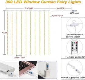 300 LED Curtain Lights 9.8FT by 9.8FT, 8 Lighting Modes Multi-color Window Curtain String Lights with Remote USB Powered, Home Party Christmas Bedroom Indoor Outdoor Decor