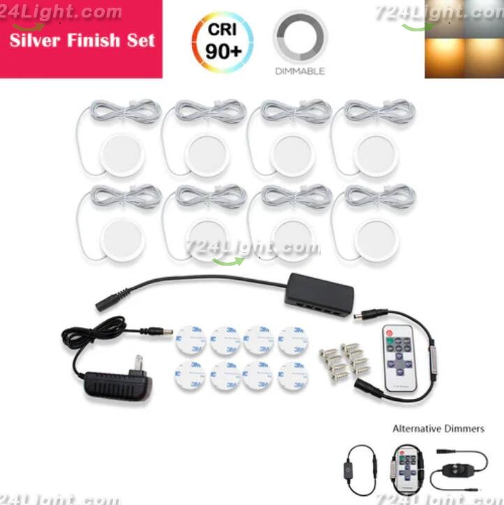 A-Series 8 Pack (8*2W) Dimmable CRI 90 Ultra Thin LED Under Cabinet Puck Lights With Dimmer & Power Adapter, All Accessories Included