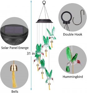 Outdoor Solar Wind Chimes, Hummingbird Solar Wind Chimes Lights with Bells for Ladies Birthday/Thanks/Christmas, Garden Decoration