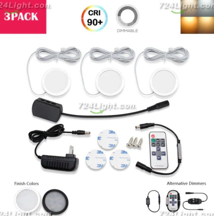 A-Series 3 Pack (3*2W) Dimmable CRI 90 Ultra Thin LED Under Cabinet Puck Lights With Dimmer & Power Adapter, All Accessories Included
