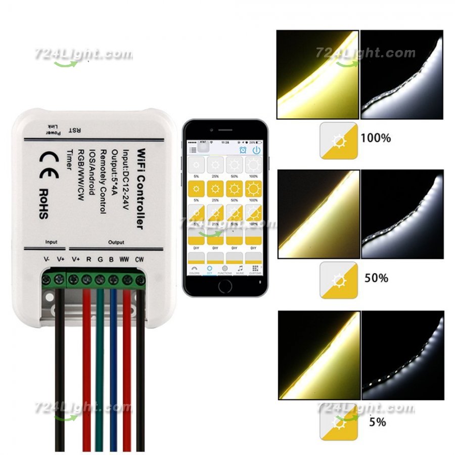 12V Wifi Android LED Strip RGB RGBW Controller With Remote 5 Channels Control By Phone