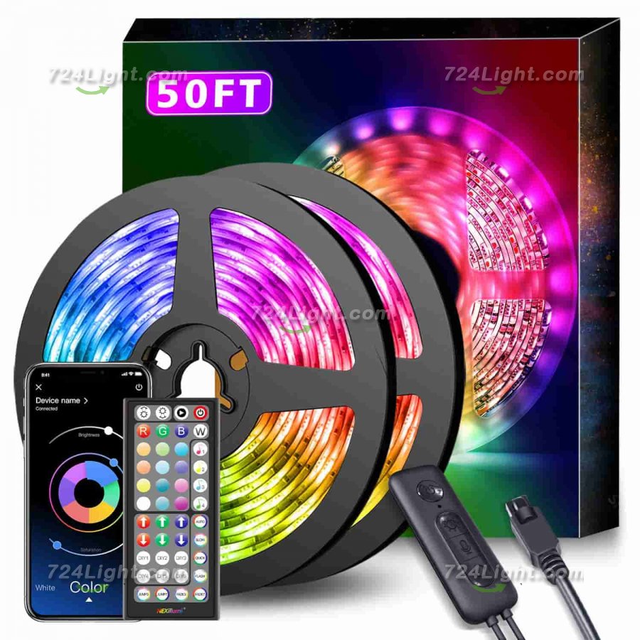 50Ft LED Strip Lights Music Sync Color Changing RGB LED Strip 44-Key Remote, Sensitive Built-in Mic, App Controlled LED Lights Rope Lights, 5050 RGB LED Light Strip(APP+Remote)
