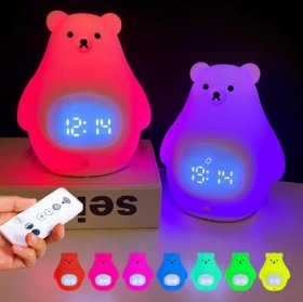 White Bear Clock and LED Night Light Rechargeable RGB Color Nursery Lamp Remote Controlled for Baby Girls Boys