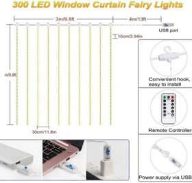 300 LED Curtain Lights 9.8FT by 9.8FT, 8 Lighting Modes White Color Window Curtain String Lights with Remote USB Powered, Home Party Christmas Indoor Outdoor Decor