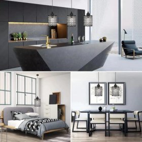 3 Pack Black Adjustable Crystal Chandeliers with 3 Color LED Bulbs, Hanging Ceiling Pendants,3 Lighting Colors 3000K/4000K/6000K