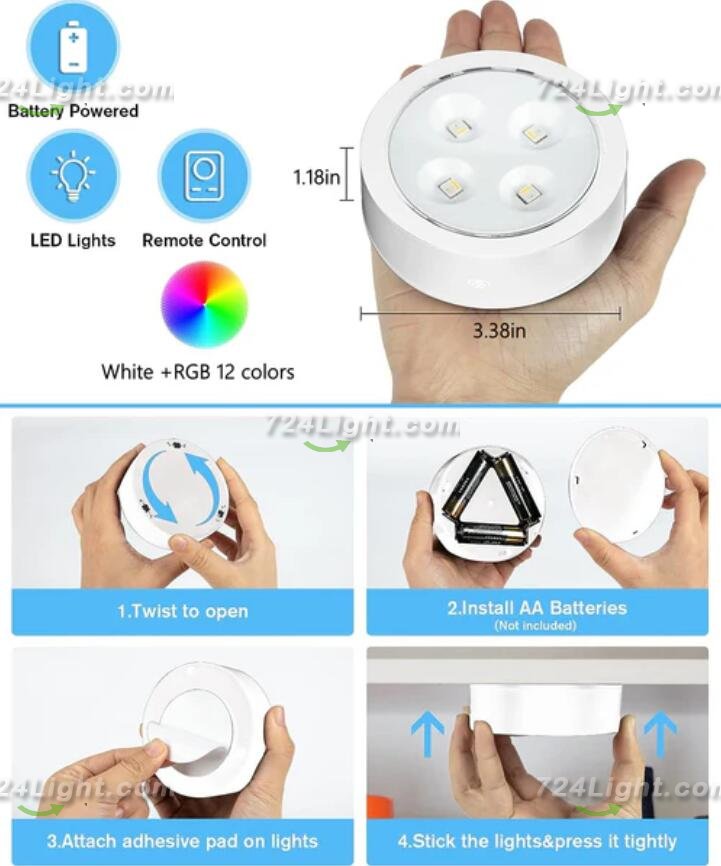 6 Pack LED Puck Lights with Remote, White Finish RGBW Color Changing Under Cabinet Lights Wireless,13 Colors Changeable LED Closet Light Dimmable,AA Battery Operate Push Night Lights with Timer Function
