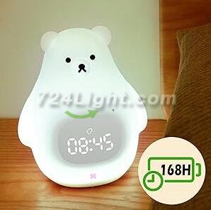White Bear Clock and LED Night Light Rechargeable RGB Color Nursery Lamp Remote Controlled for Baby Girls Boys