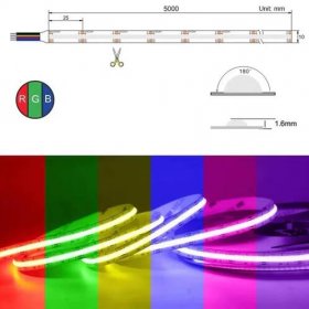 Multi-colors FCOB LED Strip 16.4FT/5M Dot Free 840LEDs/M 14W/M 24V RGB LED Light Tape