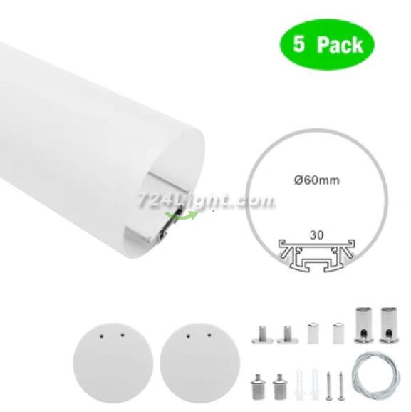 5 Pack D60 60mm Dia. Round Extruded Aluminum Channel for Pendant Linear Office Lighting System