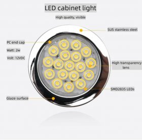 6pcs Packing Rounded LED Stainless Steel Under Cabinet Lighting 2W 12VDC 3 Switches are Available Controllable Puck Light for Motorhome, Caravan, Truck, Kitchen, Wine Cabinet, Wardrobe