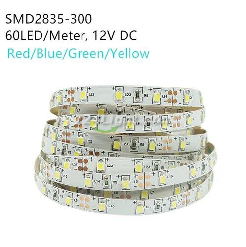Red/Blue/Yellow/Green DC 12V Dimmable SMD2835-300 Flexible LED Strips 60 LEDs Per Meter 8mm Width LED Tape Light