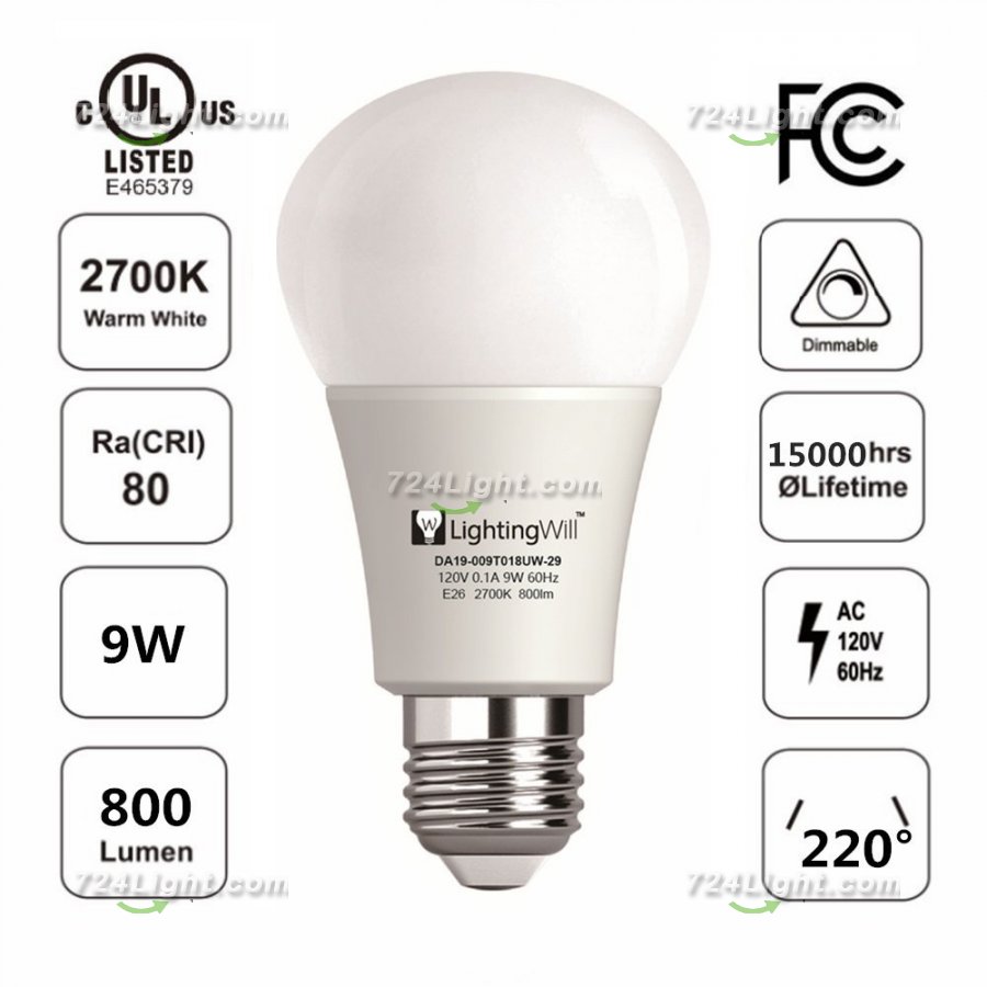 FreeShipping 4pcs X 9W UL CUL Approved 9 Watt 800 Lumen 2700K Warm White E26 Edison Screw Medium Base A19 LED Light Bulb, 75 Watt Bulb Equivalent - Click Image to Close