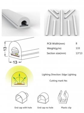1M/5M/10M/20M Pack of T1313 LED Neon Light Housing Kit with End Caps and Mounting Clips, Flexible Neon Channel Fit for 8mm Wide LED Strip Lights