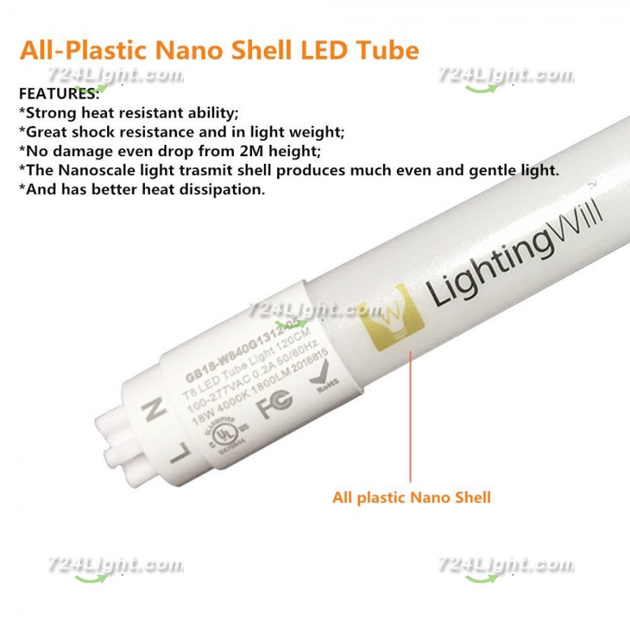 Free Shipping 25pcs * UL Listed T8 LED Tube Light 4FT 18W LED Bulb (45W Fluorescent Tube Equivalent), 1800LM, Daylight White 5000K, Nano Shell, Frosted Cover, Single Ended Power, G13 Lighting Fixture