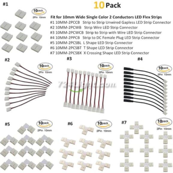 10pcs Pack Solderless Snap Down 2 pin Conductor LED Strip Connector for 10mm Wide 5050 5630 Single Color Flex LED Strips
