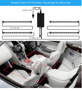 Car Interior Lights 4pcs 48 LED Car Atmosphere Glow Neon lights Multi-Color Music Car LED Strip Lights Decorative Underdash Lighting Kit with Bluetooth APP Controlled Sound Active function Wireless Remote Control