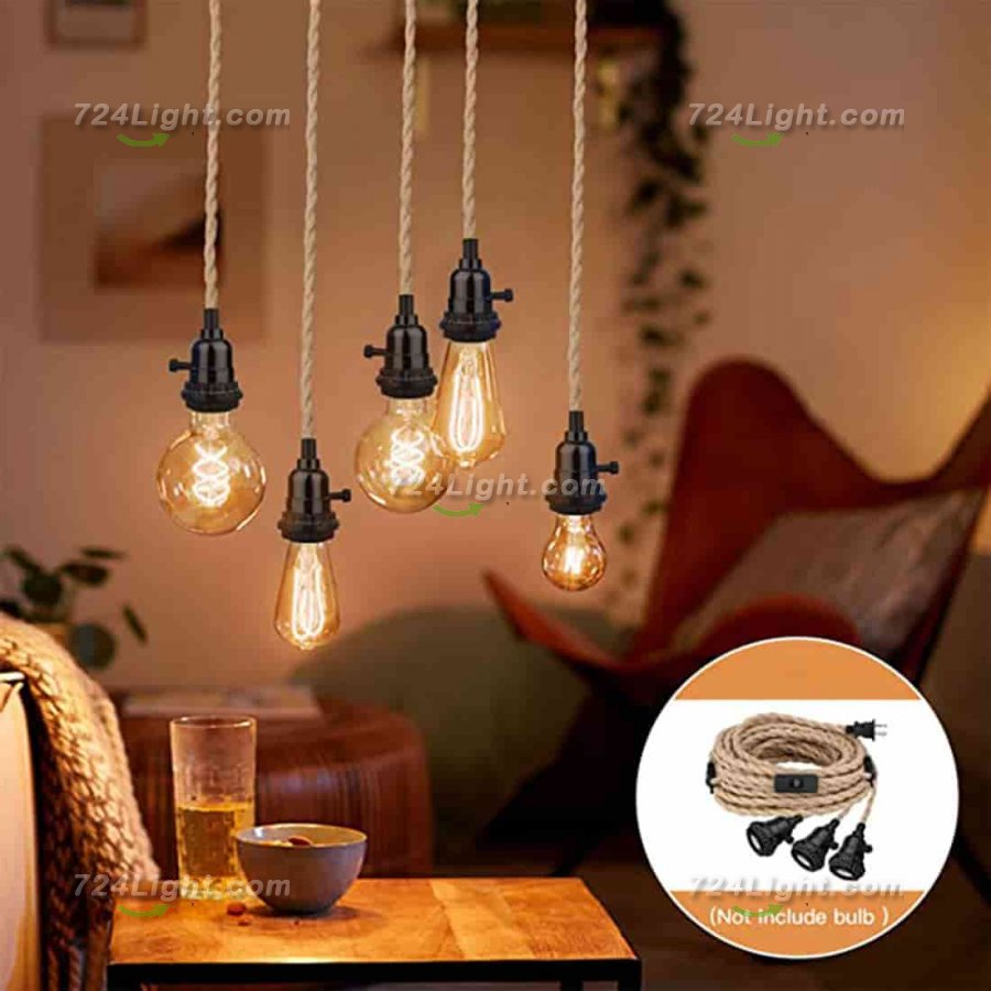 Triple Pendant Light Cord Kit, 22.5ft Hemp Rope Pendant Light Plug with Separate Switch, Retro Industrial Hanging Light Cord Set