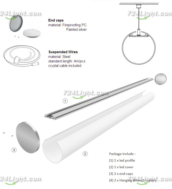 1 Meter 39.4â€ Aluminum LED Suspended Tube Light LED Profile Diameter 40mm suit 24mm Flexible led strip light