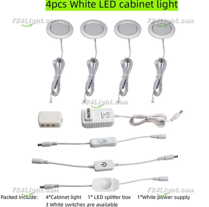 4pcs Pack LED Under Cabinet Lighting 2.5W 12VDC Ultra Thin, 3 Switches are Available Controllable Puck Light for Motorhome, Caravan, Truck, Kitchen, Wine Cabinet, Wardrobe