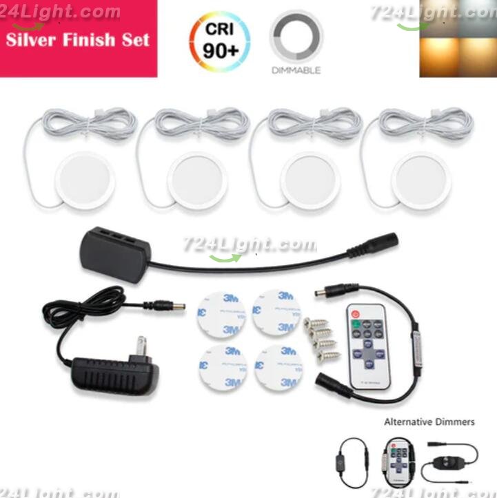A-Series 4 Pack (4*2W) Dimmable CRI 90 Ultra Thin LED Under Cabinet Puck Lights With Dimmer & Power Adapter,All Accessories Included