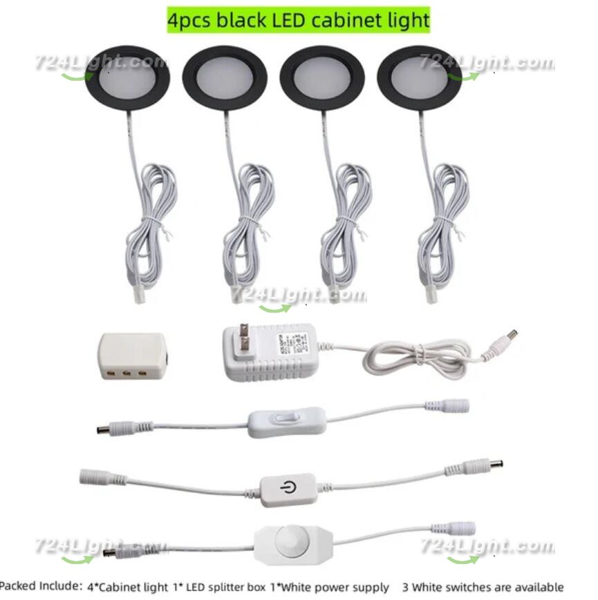 4pcs Pack LED Under Cabinet Lighting 2.5W 12VDC Ultra Thin, 3 Switches are Available Controllable Puck Light for Motorhome, Caravan, Truck, Kitchen, Wine Cabinet, Wardrobe