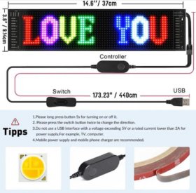 Model 1664 Flexible USB 5V Car LED Sign Bluetooth App Control Display Screen Text Pattern Animation LED sign display for Car Windows, Shop, Bar and Entrance Sign