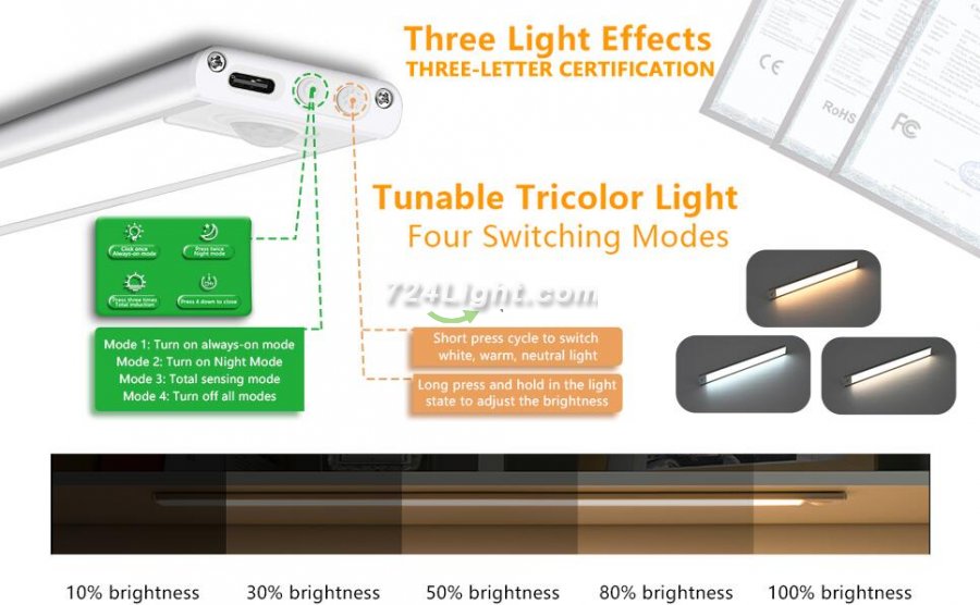 2 Pack PIR Motion Sensor LED Cabinet Light, Under Counter Closet Lighting, Wireless USB Rechargeable Light Indoor, CCT 2700-6500K Color Changeable for Kitchen, Wardrobe, Closet, Hallway