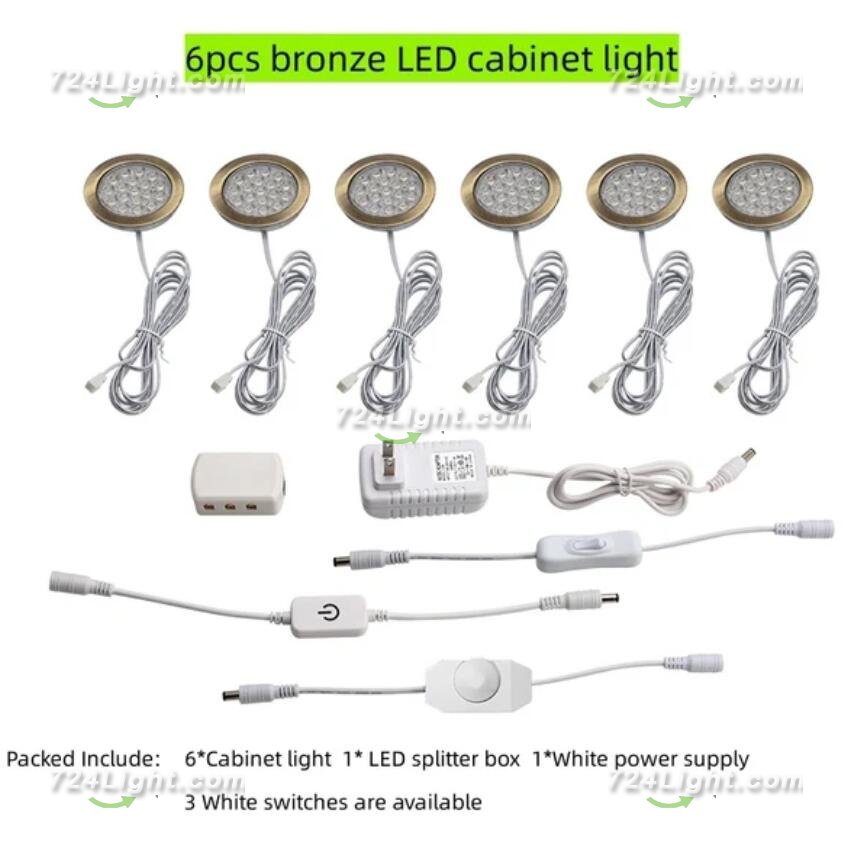 6pcs Packing Rounded LED Stainless Steel Under Cabinet Lighting 2W 12VDC 3 Switches are Available Controllable Puck Light for Motorhome, Caravan, Truck, Kitchen, Wine Cabinet, Wardrobe