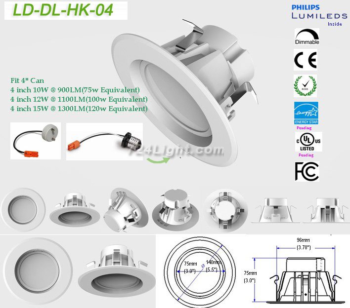 12W LD-DL-HK-04-12W LED Down Light Dimmable 12W(100W Equivalent) Recessed LED Retrofit Downlight