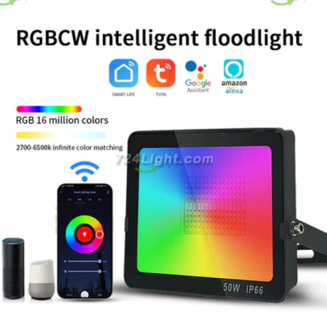 2 Pack 50W RGBCW Outdoor LED Floodlight WiFi Bluetooth RGBCW 2700K-6500K & 16 Million Colors, LED Landscape Lights, IP66 Waterproof
