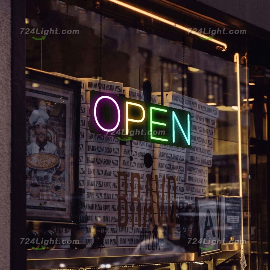 Rainbow Open Neon Sign 20inx7in LED Colorful Open Sign w/Remote Controller, Multicolor Light Sign for Business, w/Hanging Chain for Shop Windows, Direct Plug-In w/ 12V Adapter