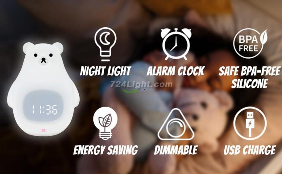 White Bear Clock and LED Night Light Rechargeable RGB Color Nursery Lamp Remote Controlled for Baby Girls Boys