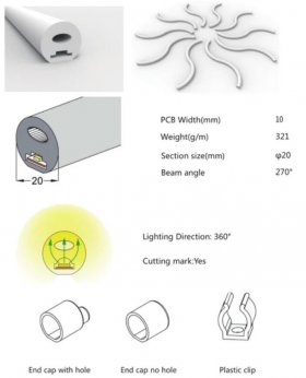1M/5M/10M Pack of T20D LED Neon Light Housing Kit with End Caps and Mounting Clips, Flexible Neon Channel Fit for 10mm Wide LED Strip Lights