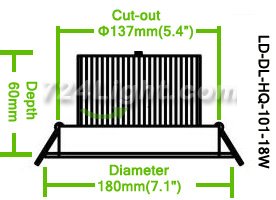 18W DL-HQ-101-18W LED Down Light Cut-out 137mm Diameter 7.1" White Recessed LED Dimmable/Non-Dimmable LED Spotlight