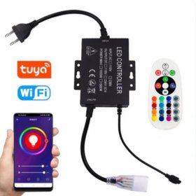 RGB LED Controller, 1500W Max High-Voltage WiFi Color Changing RGB Controller (Aluminum) with IR Remote and Music Time APP Control System for AC110-130V/ 200-240V LED Tape Rope Strip Lights