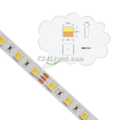 12V Dual White LED light Strip, 16.4FT/5Meter SMD5050-300 60 LEDs Per Meter 2 in 1 Color Temp-Adjustable Flexible LED Strip Light